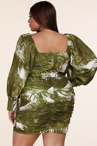 Olive leaf print mini dress