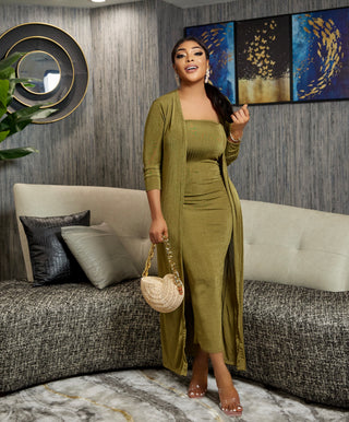 SOLID SLINKY RIB 2 PEICE CARDIGAN SET (Green)