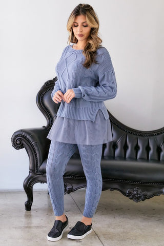 CABLE KNIT LACE  SWEATER SET BLUE