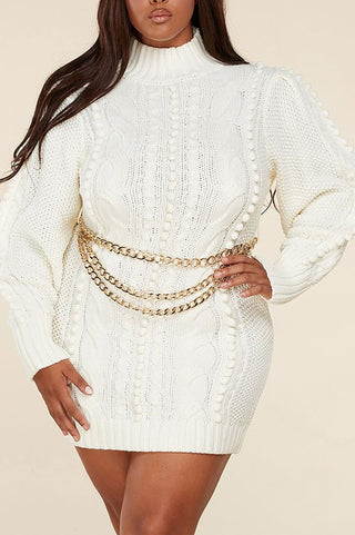 LONG RUFFLE SLEEVE CHAIN BELT BODYCON MINI DRESS