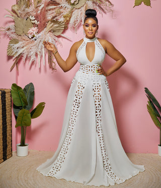 HALTER NECK EYELET MAXI DRESS