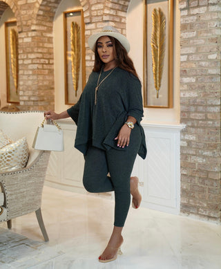 solid rib knit poncho top and leggings two piece set
