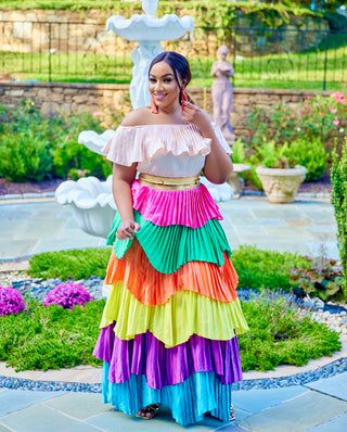 Off shoulder rainbow maxi dress