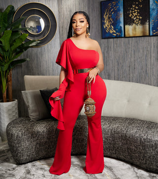 MUNAZZA RED ONE SHOULDER RUFFLE STYLE JUMPSUIT