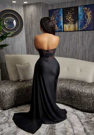 DRAPED CORSET HIGH SLIT GOWN