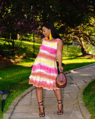 SLEEVELESS SIDE POCKETS TIE DYE RUFFLE HEM DRESS