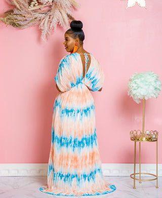 DEEP V NECK PLEATED TIE DYE MAXI DRESS