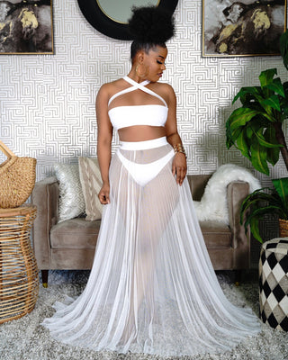 SHEER MESH PLEATED COVER UP SKIRT