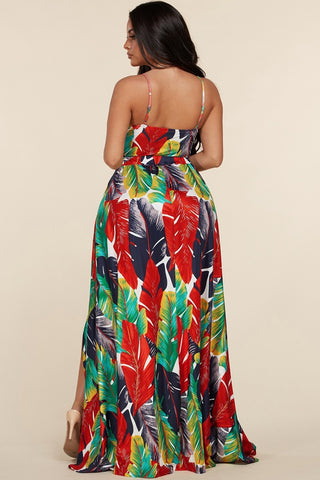 Multicolor large feather print skirt set