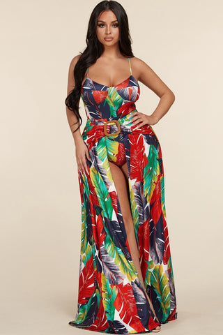Multicolor large feather print skirt set