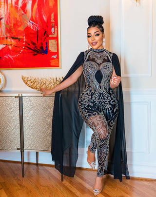 PRINCESS  RHINESTONES MESH SHIFT LONG SLEEVES JUMPSUIT