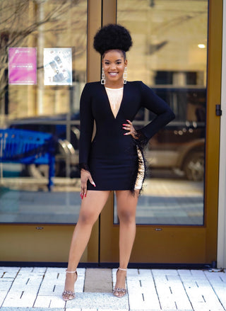 LONG SLEEVES MINI DRESS WITH FEATHER ON THE CUFF.