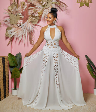 HALTER NECK EYELET MAXI DRESS