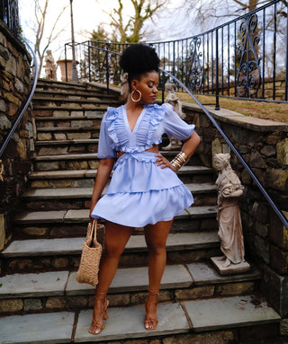 feeling flirty ruffle cut out mini dress