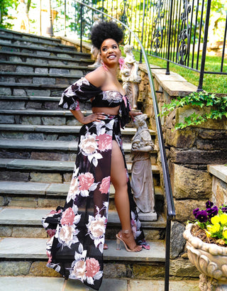 Multi Print Top & Slit Skirt Sheer Set