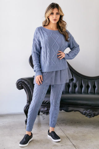 CABLE KNIT LACE  SWEATER SET BLUE