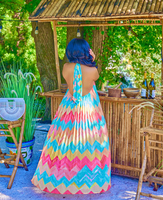 PASTEL MULTI PRINT PLEATED MAXI DRESS