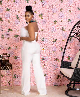 WHITE FUR DETAILED FASHION JUMPSUIT