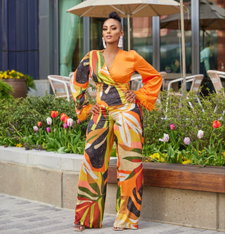 AISHA FEATHER CUFFS SELF-TIE BLOUSE & WIDE PANTS SUIT SET