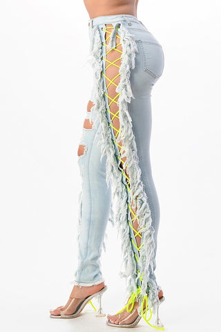 Cleo SKINNY JEANS SIDE FRINGE WITH LACE UP