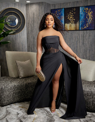 DRAPED CORSET HIGH SLIT GOWN